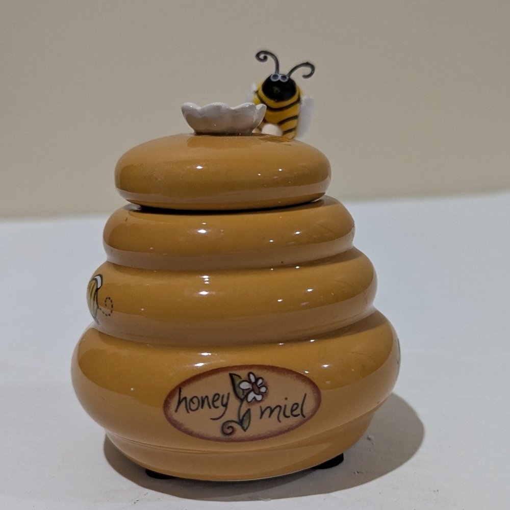 NEW 3 Pc. Honey Miel Ceramic Jar with Bee Topper